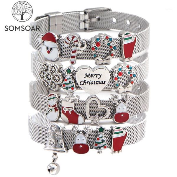 

somsoar jewelry silver plated stainless steel mesh bracelet bangles with christmas slide charms bracelets as xmas day gift1, Golden;silver