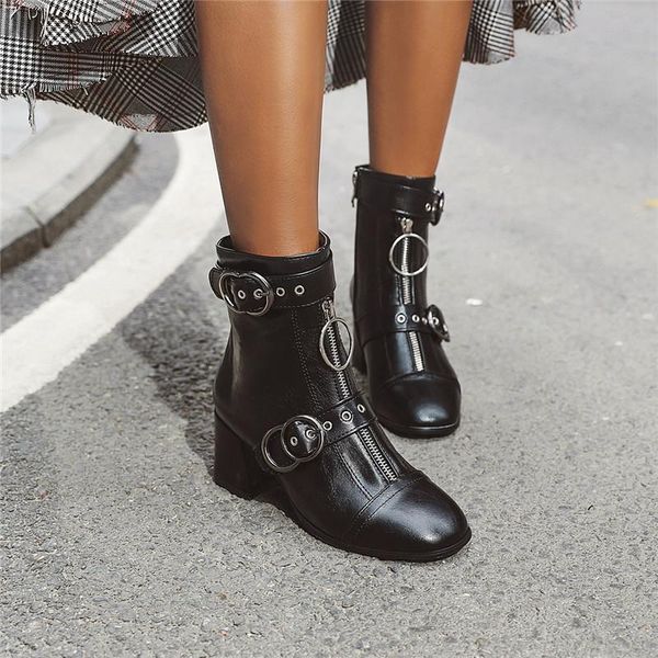 

fashion street zipper кольцо пряжки ремень gothic rock punk блок высокий каблук ботильоны для женщин ретро черно-коричневый обувь, Black