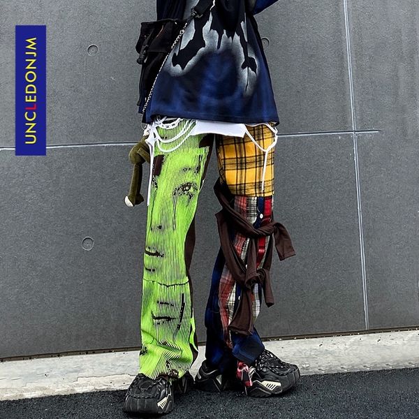 

uncledonjm hip hop plaid pants men ins irregular casual pants patchwork pants fashion streetwear trousers t2-a002 201116, Black