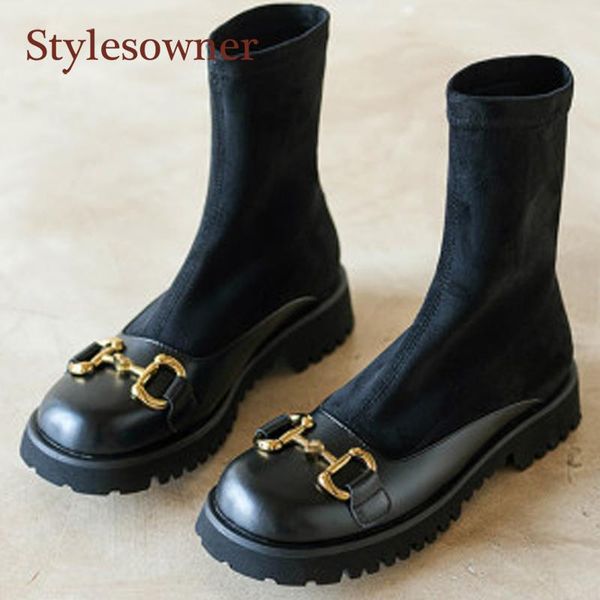 

genuine leather metal decor sock woman boots round toe square heel med slip-on mid-calf riding boots comfortable winter shoes, Black