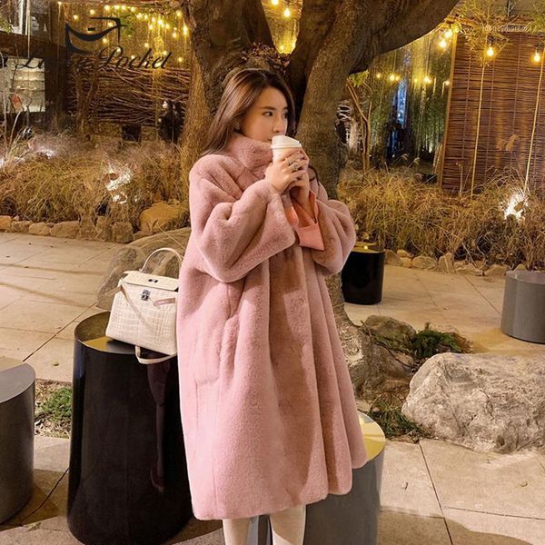 

women's fur & faux women winter loose thick mid-length plus size lapel solid color coat ladies lmitate mink fluff pink plush zy551, Black