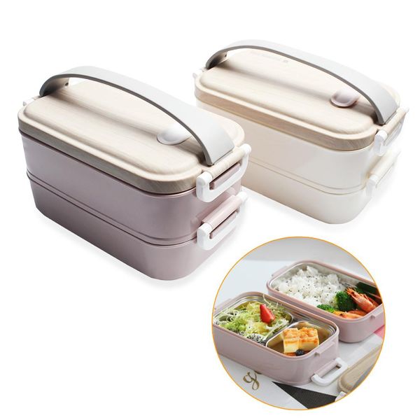 

double layers 1200ml thermal lunch boxes portable wooden feeling salad bento box stainless steel microwable food storage case qylhuv mywjqq