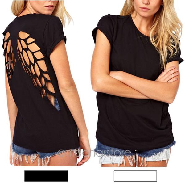

wholesale-new summer t-shirts angel wings short sleeve 0-neck women casual shirts backless casual black white plus size s-xxxl1