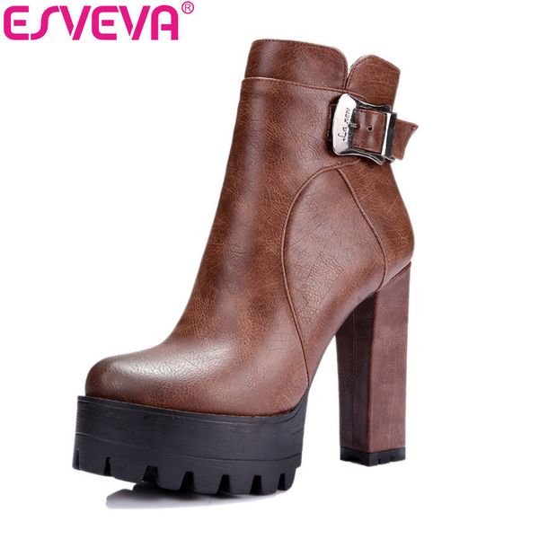 

esveva 2020 western brown buckle women boots round toe spring autumn shoes square high heel platform ankle boots size 34-42 t200425, Black