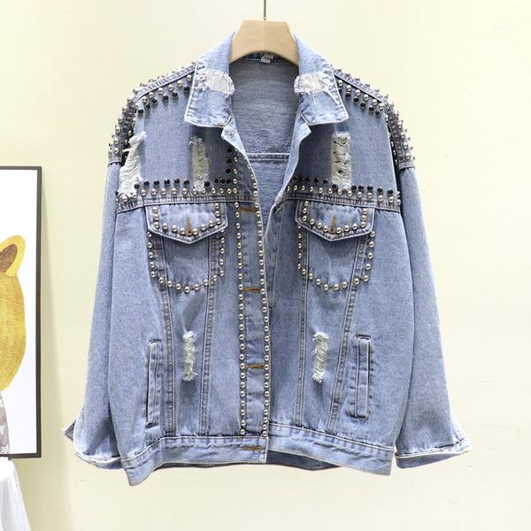 

women's jackets plus size heavy work rivet hole denim jacket women autumn 2021 loose vintage oversized jean mujer chaqueta streetwear1, Black;brown