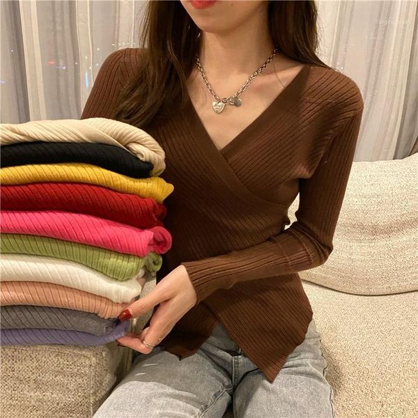 

women knitted sweater v-neck slim long sleeve spring 2021 new winter pullover sweater 11 colors vintage m22c1, White;black