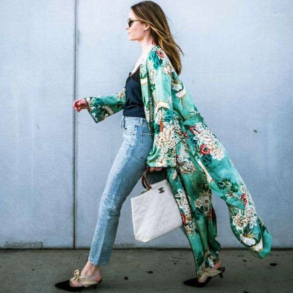 

vintage green femme kimono shirt floral print with sashes coat retro new bandage cardigan split long blouse blusas chemise1, Black;brown