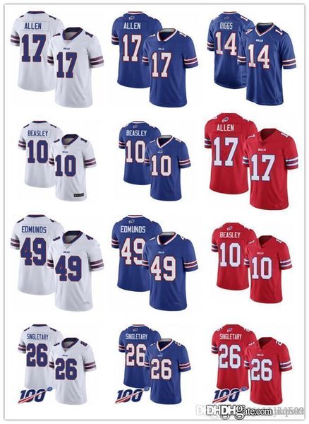 

мужчина женщина буффало счета 17 джош аллен 14 stefon diggs 10 cole beasley 26 devin singletary 49 tremaine edmunds футбольные майки, Black;red