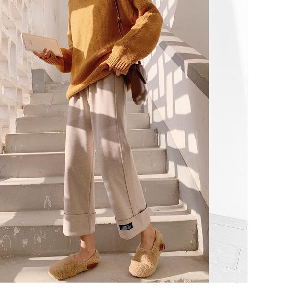 

woolen wide-leg pants women's winter high-waist straight loose thick warm casual trouser ankle -length, Black;white