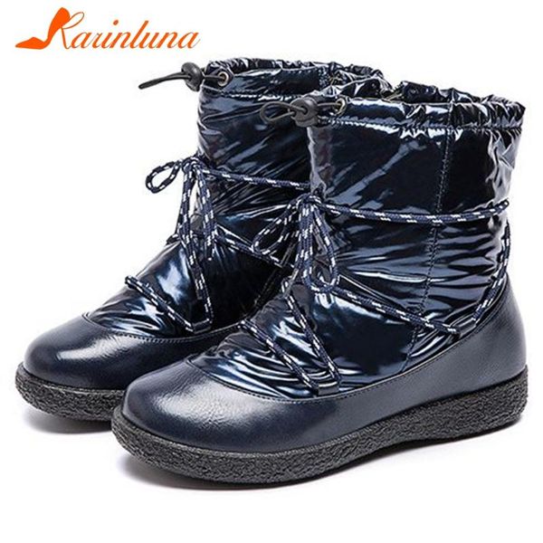 

karin dropship обувь высокого качества вниз снега сапоги зимней лоскутная кружева-up flat с короткими плюшевыми водонепроницаемыми ботильона, Black