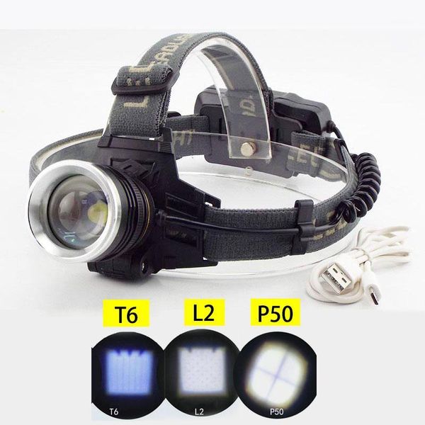 

zoomable headlight t6/l2/p50 led headlamp powerful torch lamp fishing camping frontal head light with usb charging cable1