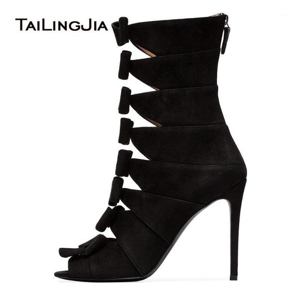 

boots women stylish knot stiletto high heel peep toe mid-calf booties ladies elegant party dress footwear large size black shoes1