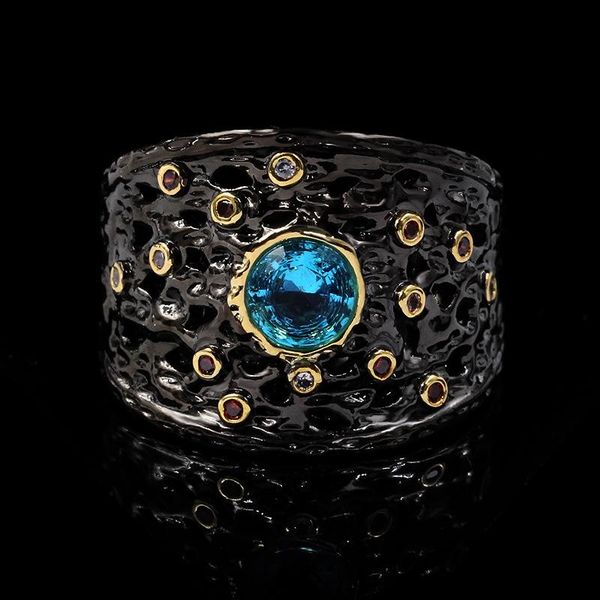 

cizeva vintage exaggerated jewelry women's kyanite 925 sterling silver rings retro black gold filled cocktail party rings, Golden;silver
