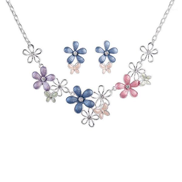

earrings & necklace women fashion statement and earring sets women's pink enamel jewelry set with flowers jwellery gifts l, Silver