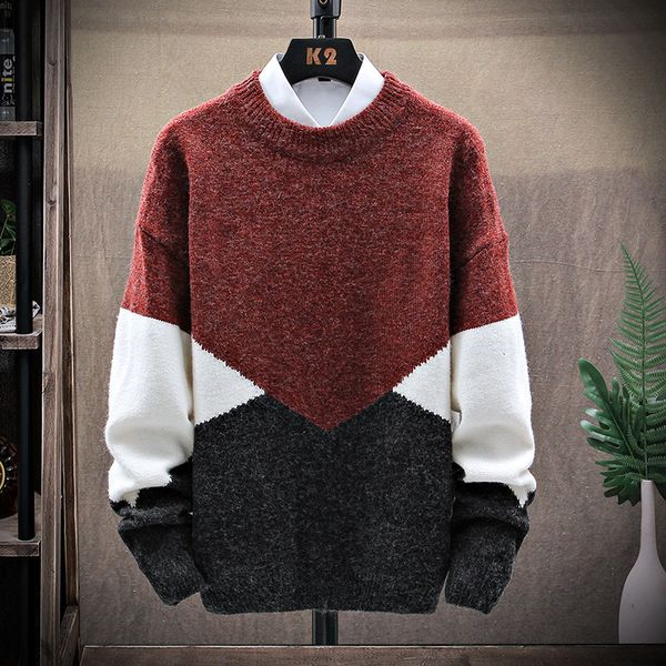

2021 new autumn winter sweater casual wool knitted patchwork o-neck men thicken long sleeve male jumper cotton high quiality wdor, White;black