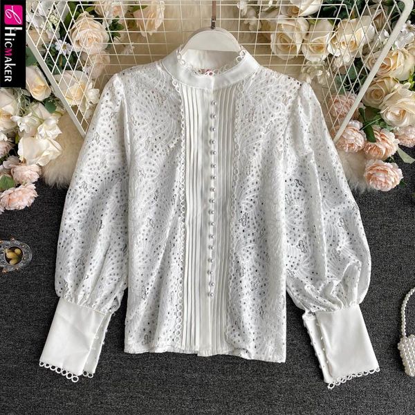 

women long sleeve buttoned chic elegant lace blouse, White