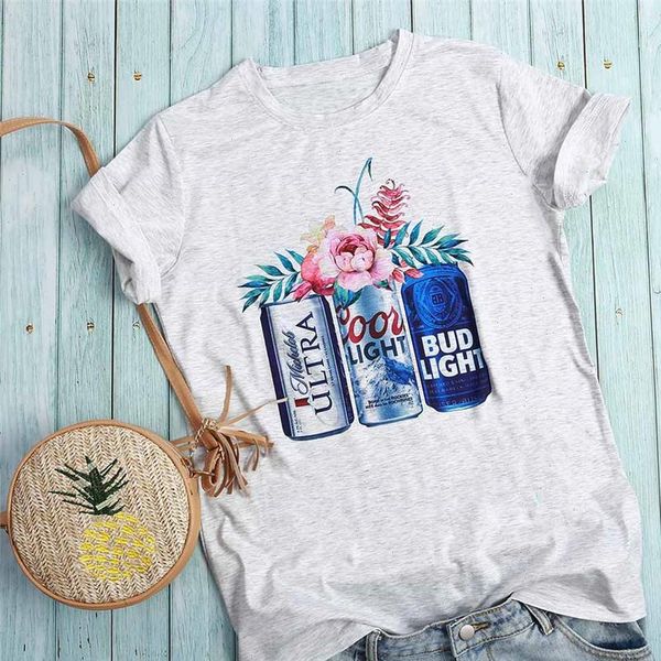 

beer print summer gray t shirt women o neck tee casual plus size women tee shirts flowers tshirt female loose, White