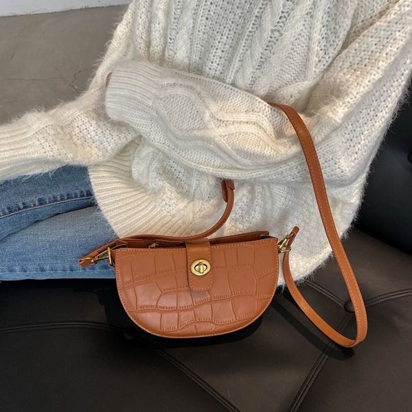 

olsitti stone pattern lock small leather saddle bag winter pu crossbody for women 2020 designer shoulder handbags hand bags, Red;black