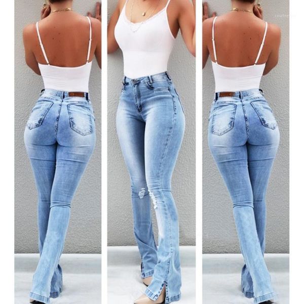 

plus size high waist elastic flare skinny jeans women fashion retro bell-bottoms hole jeans female denim pants ladies casual tro1, Blue
