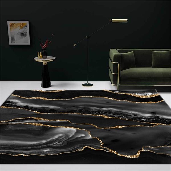 Luxo preto cinza tapete de mármore com linha de ouro para sala de estar moderno decoração home mesa mesa de café tapete de cabeceira grande 220301