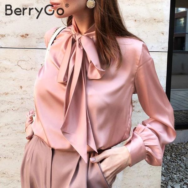 

berrygo office ladies tie-neck women blouse shirt summer spring long sleeve blouses elegant bow work wear female pink blusas y200402, White