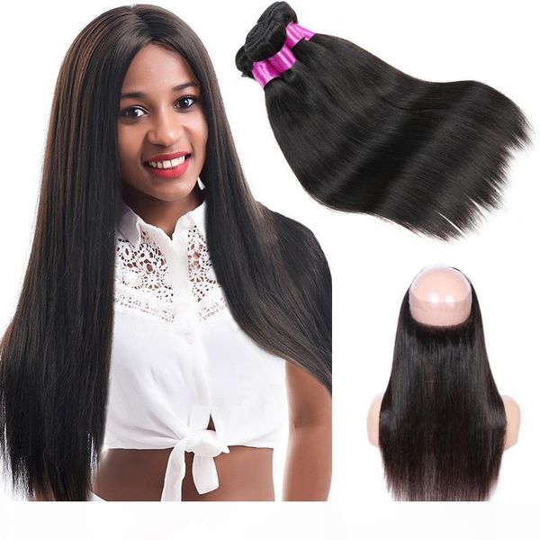 

brazilian straight virgin hair with closure 360 lace frontal with bundles malaysian indian peruvian human straight hair weaves 360 closure, Black