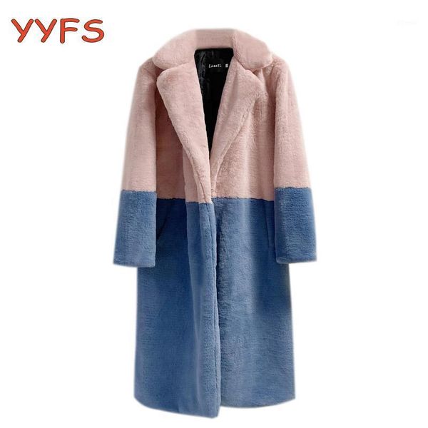 

women's fur & faux womens coat winter warm color block thick long jacket turn down collar plush overcoat casaco feminino 20211, Black