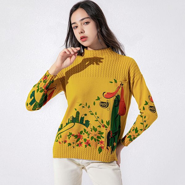 

2021 femme winter autumn new women o-neck  female landscape painting pullover women's sweater v7bk, White;black