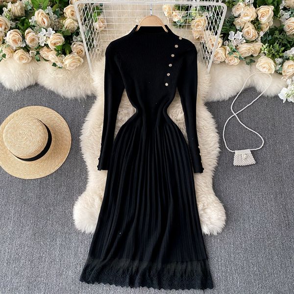 

2021 new female singiny dressed in fancy mesh collar long solid to line jumper fall winter fashion dress 4p2s, Black;gray