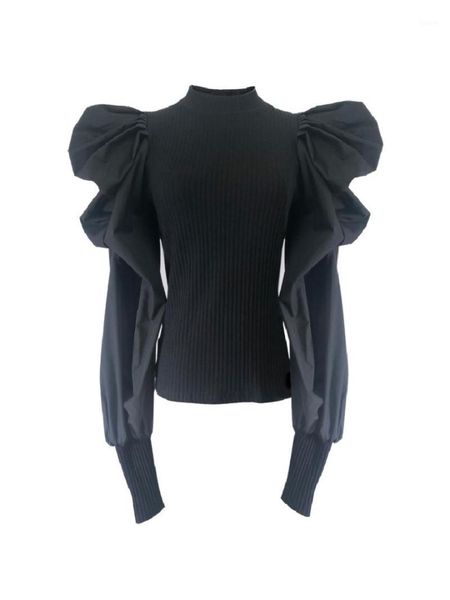 

sweater woman 2019 fashion streetwear knitted patchwork big puff sleeve slim blouse women blusas shirt 1, White;black