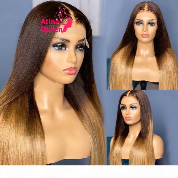 

preplucked honey blonde wig hd transparent 250% density ombre brown long colored 100% human hair wigs brazilian remy for women, Black;brown