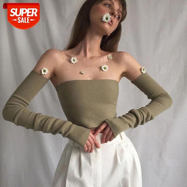 

off shoulder autumn winter knitting t shirt strapless hollow out slim backless oversleeve solid pullover nightclub #6k63, White