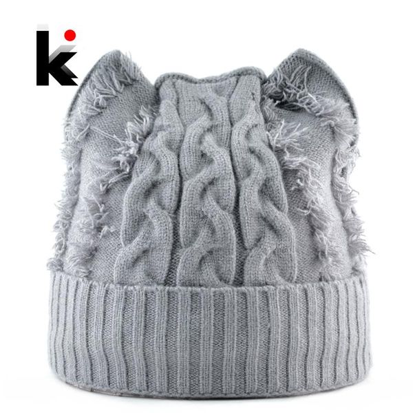 

winter knitted hats women cute cat ears beanies skullies female knit angora warm caps with ear girls fashion bonnet femme, Blue;gray
