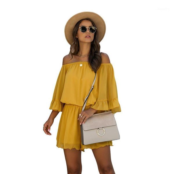 

women's jumpsuits & rompers 2021 fashion off shoulder chiffon jumpsuit women's summer ruffle side sleeve casual sportswear pleatle, Black;white