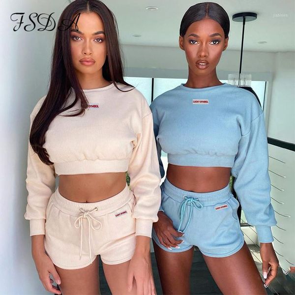 

fsda autumn winter o neck ribber long sleeve crop and shorts sport high waist women set casual two piece set streetwear1, Gray