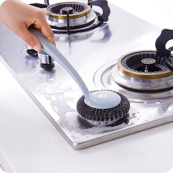 

plain long handle steel ball wash pot brush household kitchen stainless steel cleaning ball sink stove cleaning brush h jllkns