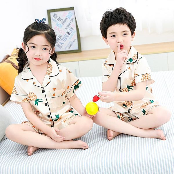 

2020 new summer kids pajama sets baby boys girls silk pajamas sleepwear outfit cosy v neck shirt pants nightwear set 2pcs 3-14y1, Blue;red