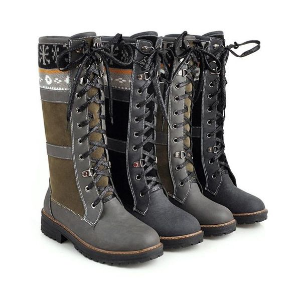 

boots winter warm women snow lace up platform ladies shoes punk cross strappy vintage mid calf riding botas, Black