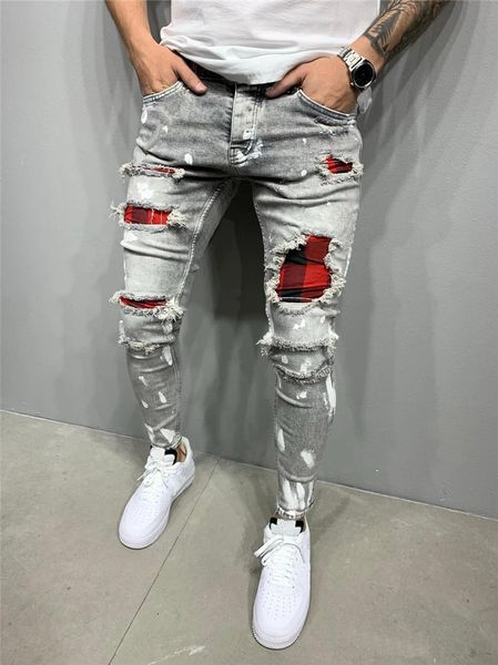 

men jeans slim-fit ripped pants patchwork plaid paint washed jeans streetwear hip hop hole pant trousers, Blue