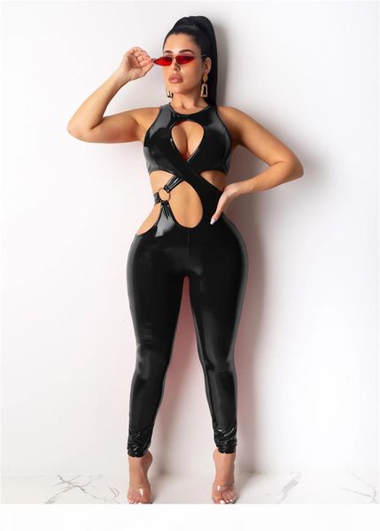

women solid color jumpsuits & rompers pu leather fall summer clothing sleeveless stretchy leggings bodysuits plain thicken brushed 2554, Black;white