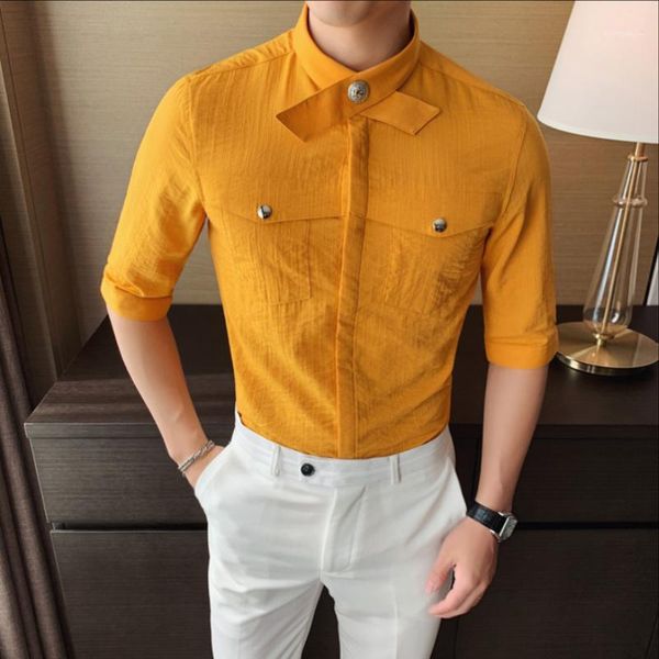 

2020 new style fashion men in summer short sleeve shirts / male stand collar business casual shirts size s-3xl1, White;black