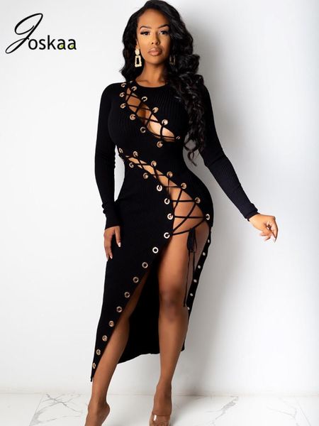 

joskaa women party dress winter fullsleeve o-neck cotton ribbed knitted split female slim bodycon bandage elegant skirt, Black;gray