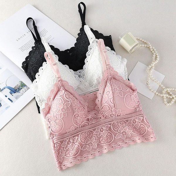 

camisoles & tanks fashion women wireless bra padded bralette deep v lace bras summer crop embroidery floral tank, Black;white