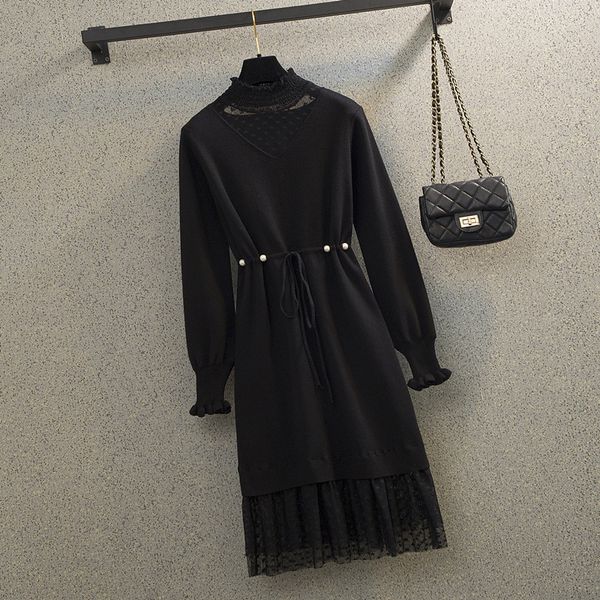 

2021 new dressed french style, large female solid mock neck, mangled up to shredded waist, lace the line in spring dress. oyme, Black;gray