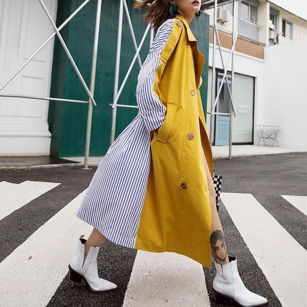 

seebeautiful striped stitching loose trench coat lapel long sleeve double breasted new fashion 2021 autumn winter women m4681, Tan;black