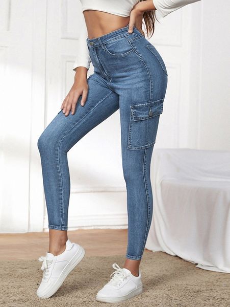 

high waisted flap pocket skinny jeans m0nw#, Blue