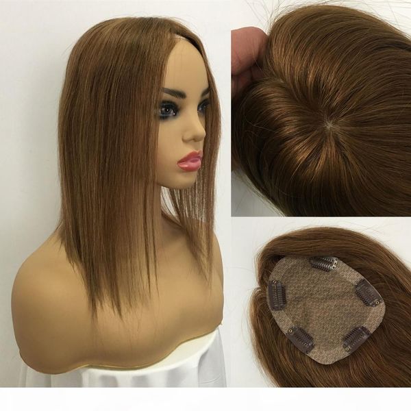 

toupee hairpiece for women brazilian virgin hair straight human hair 4x5inch silk base clip in human hair extension 6# brown color, Black