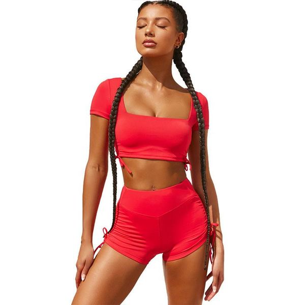 

women's tracksuits drawstring bodycon two piece set women square collar crop and shorts summer beach holiday club outfits ensemble femm, Gray