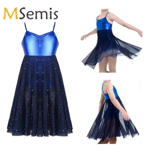 

kids girls ballet dress gymnastics leotard glossy spaghetti straps shiny sequins mesh ballet lyrical dance latin dance dress kid1, Black;red