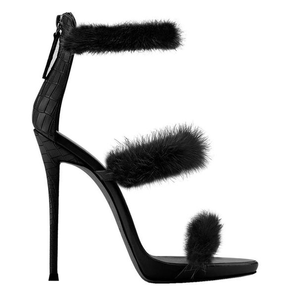 

chic ladies fur strap high heels sandal summer open toe stiletto heel street outfit shoes gladiator party heels, Black
